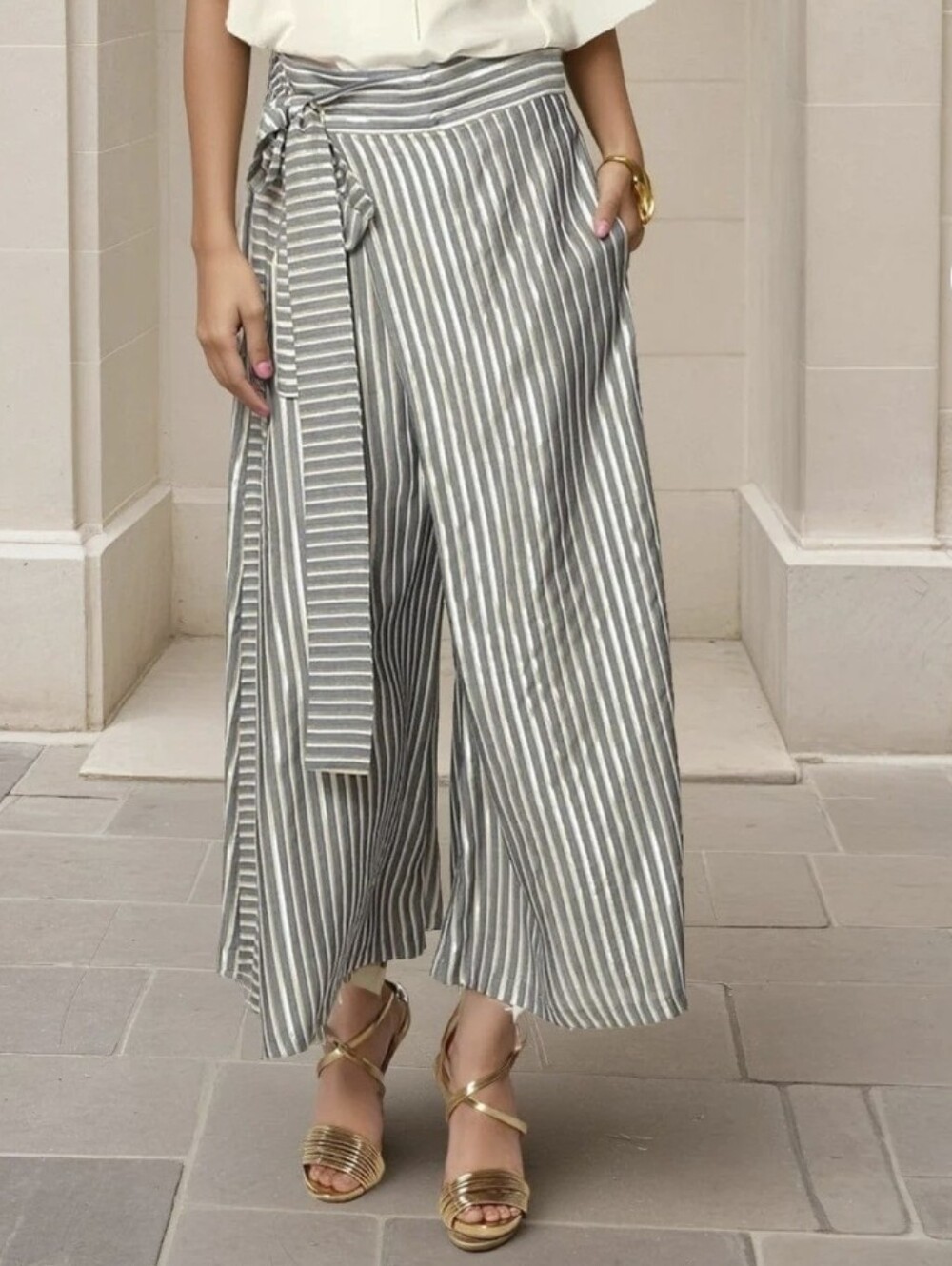 ANTHROPOLOGIE EVA FRANCO Striped Wide-Leg Pants in Shimmer Gold Silver and White